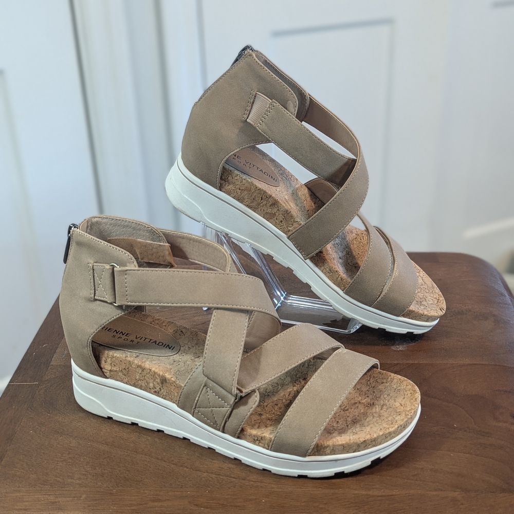 Adrienne Vittadini Taupe Strappy Cork Wedge Sandals